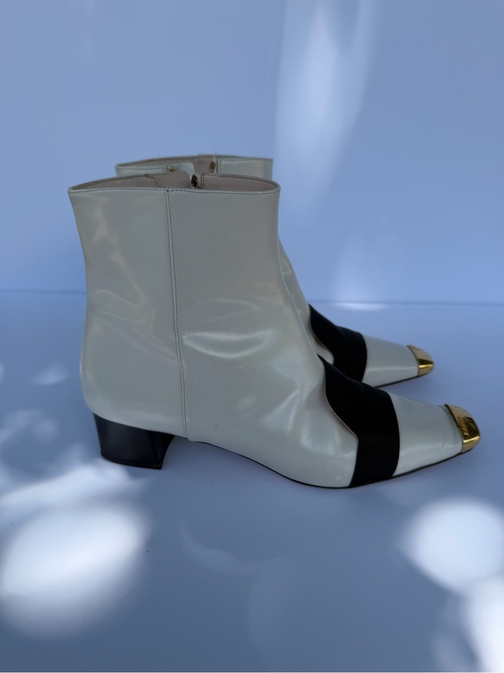 Bally Cream Leather Ankle Boots with Black Strap and Gold Toe Cap - Picture 2 of 5